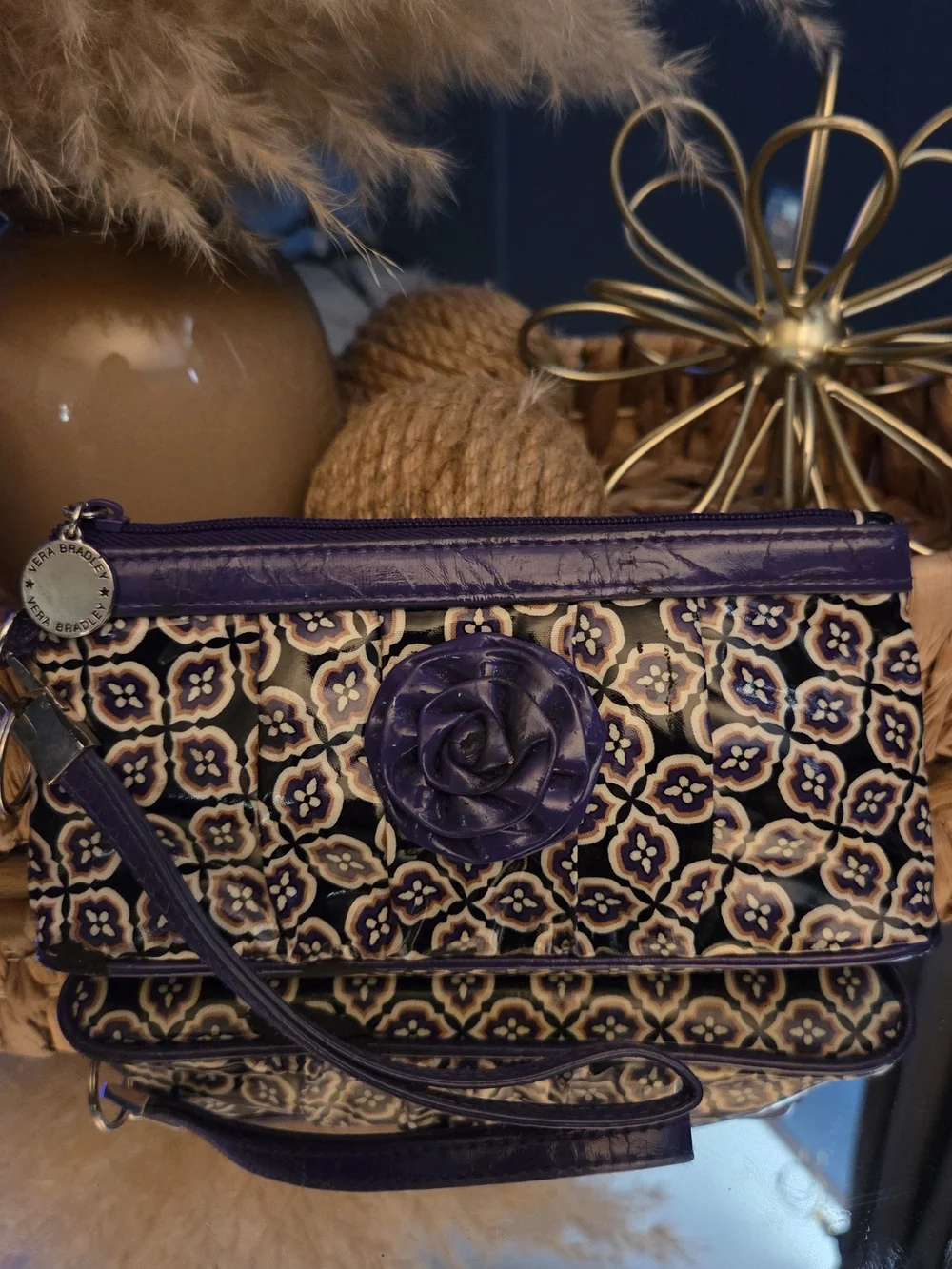 Vera Bradley Purple Floral Patent Wristlet Clutch with Rose Accent